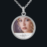 Photo monogram name modern elegant sterling silver necklace<br><div class="desc">Personalize and add your own photo of yourself, best friend, mother, sister, grandmoter. A white frame with black text. Personalize and add a name and monogram letter. The name is written with a modern style hand lettered style script with swashes. To keep the swashes only delete the sample name, leave...</div>