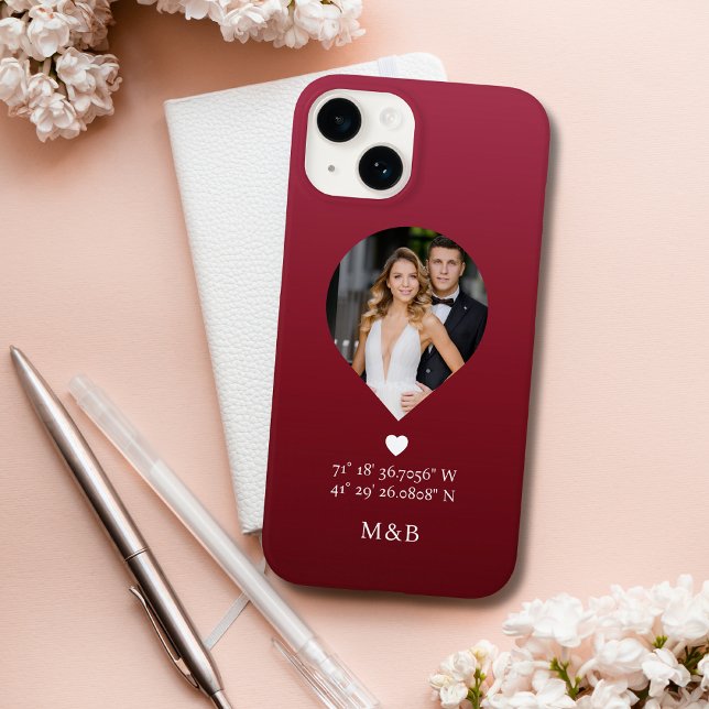 Photo Monogram Romantic Heart Coodinates Modern Case-Mate iPhone Case (Creator Uploaded)