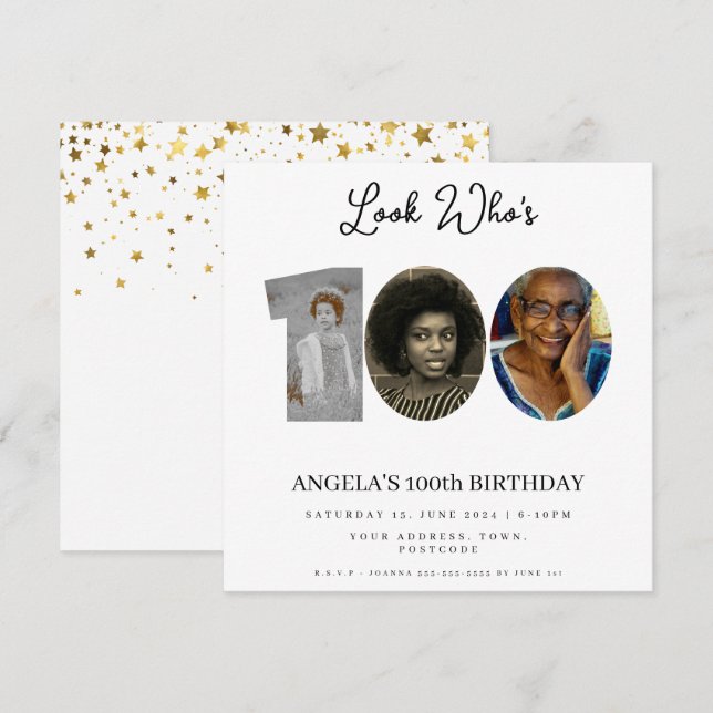 photo Montage Birthday party 100 years old Invitation (Front/Back)