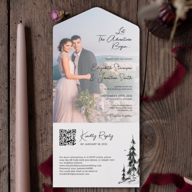 Photo mountain Forest modern QR Code RSVP wedding  All In One Invitation (Creator Uploaded)