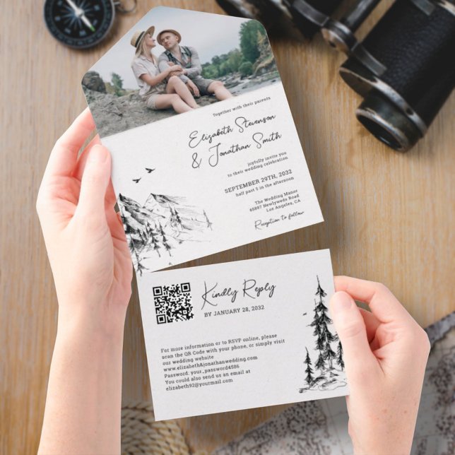 Photo mountain Forest modern QR Code RSVP wedding All In One Invitation (Creator Uploaded)