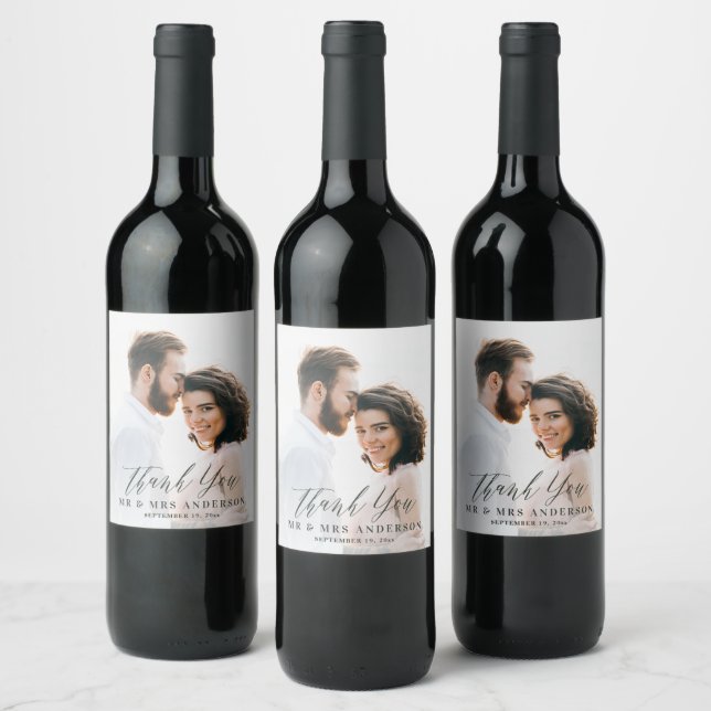 Photo Mr and Mrs wedding modern minimal thank you Wine Label (Bottles)