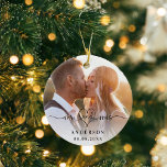 Photo mr mrs elegant newly weds christmas ceramic ornament<br><div class="desc">Decorated with mr mrs with a heart.  Personalize and add your wedding photo,  names and your wedding date.  Black text. With a white overlay</div>