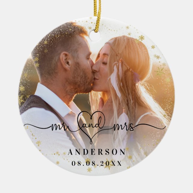 Photo mr mrs newly weds gold snow christmas ceramic ornament (Front)