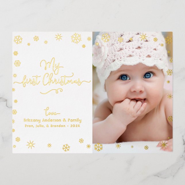 Photo My First Christmas Baby Snowflakes Real Gold Foil Holiday Postcard (Front)