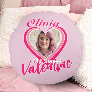 Photo My Sweet Valentine Hearts Name Pink Round Pillow