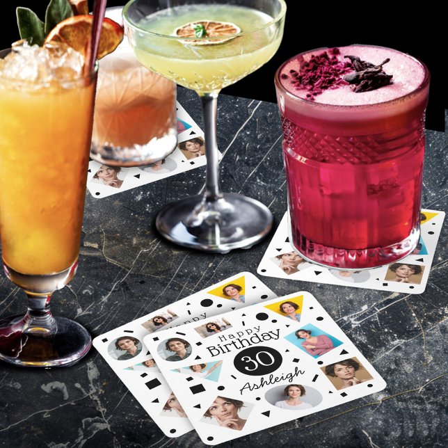 Photo Name 30th Birthday  Square Paper Coaster (Creator Uploaded)