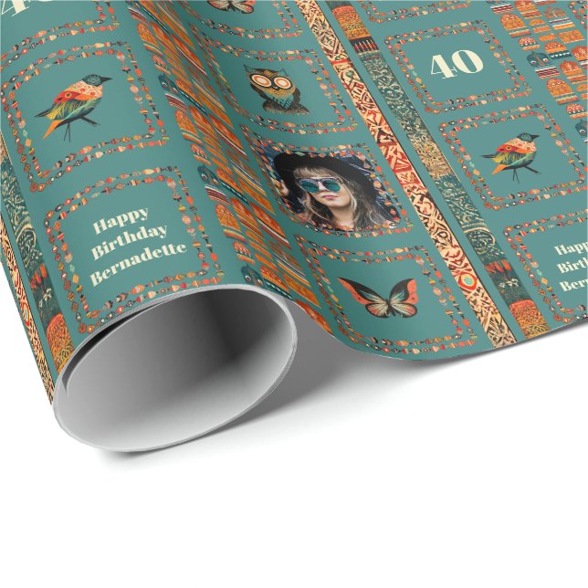 Photo Name Age Ethnic Bohemian Teal Owl Birthday Wrapping Paper (Roll Corner)
