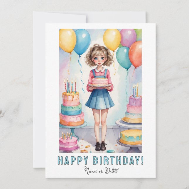 *PHOTO NAME Birthday Card Girl Cake (Front)