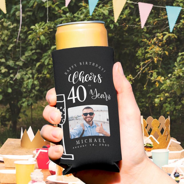 Photo name cheers to 40 years milestone birthday  seltzer can cooler (Creator Uploaded)