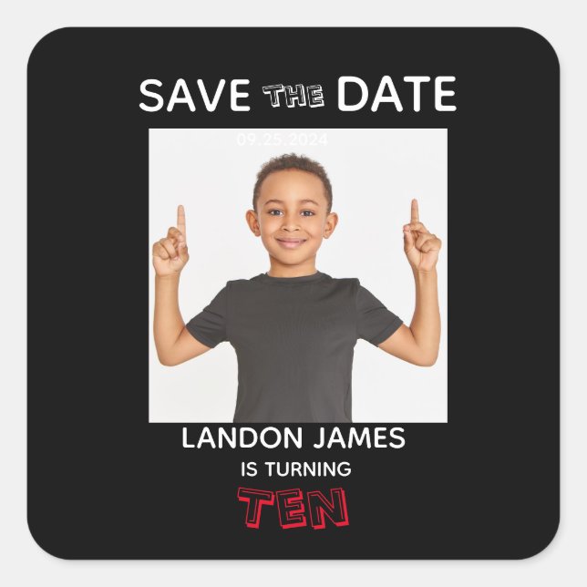 Photo Name Date Birthday Party Save the Date Square Sticker (Front)