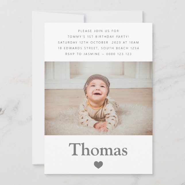 Photo Name First Birthday Party Heart Invitation (Front)