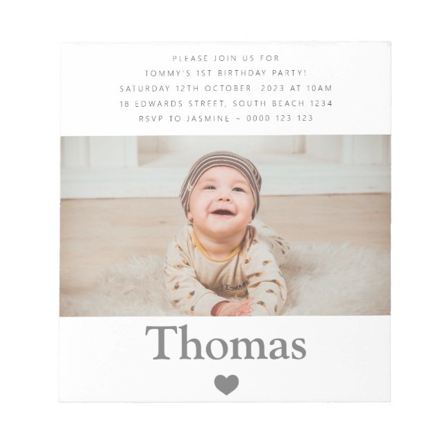 Photo Name First Birthday Party Heart Notepad (Front)