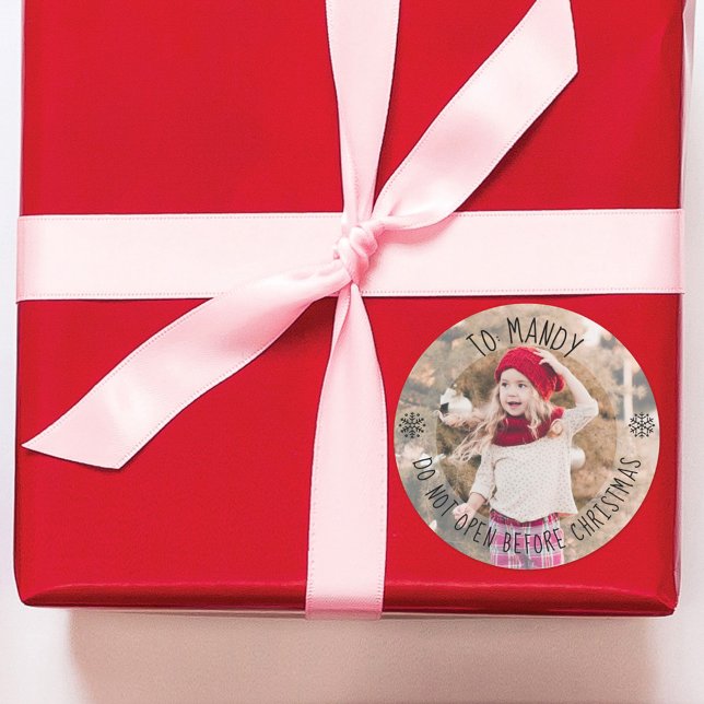 Photo & Name Gift Identifier Open On Christmas Classic Round Sticker (Creator Uploaded)