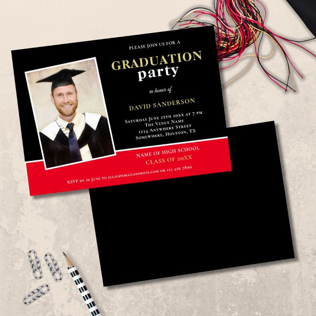 Photo Name Gold Black Red Grad Party Invitation (front and back view)