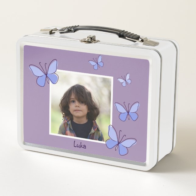 Photo Name Violet & Blue Butterfly Flutter Metal Lunch Box (Front)