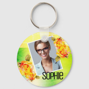 Photo Name Watercolor Floral Green Flowers Roses  Keychain