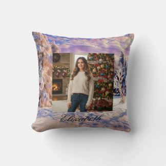 Photo Name Winter Scenery Purple Pink Watercolor  Throw Pillow