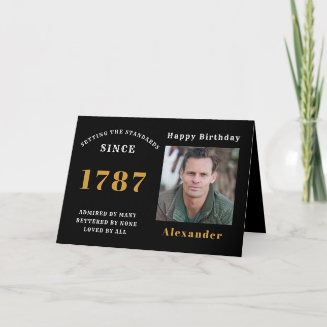 Photo Name Year Black Gold Birthday Card (Front)