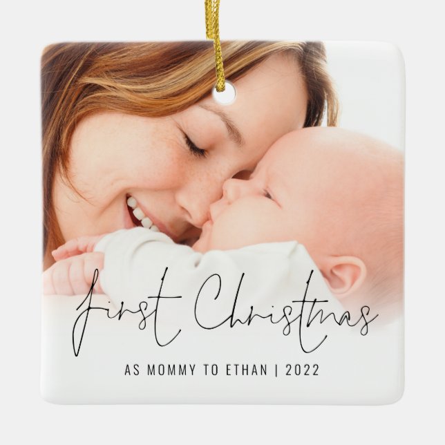 Photo Name Year First Christmas As Mommy Ceramic Ornament (Front)