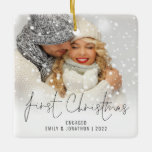 Photo Name Year First Christmas Engaged Ceramic Ornament<br><div class="desc">Photo Overlay Names Year First Christmas Engaged. To celebrate your first holiday engaged easily personalize your names and year. With an elegant set script for First Christmas. Choose your favourite photo to replace the sample picture. Changes to colours of text can be made to better suit your photo if necessary...</div>