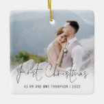 Photo Name Year First Christmas Mr Mrs Ceramic Ornament<br><div class="desc">Photo Overlay Names Year First Christmas As Mr And Mrs. To celebrate your first holiday as a married couple, easily personalize your names and year. With an elegant set script for First Christmas. Choose your favourite photo to replace the sample picture. Changes to colours of text can be made to...</div>