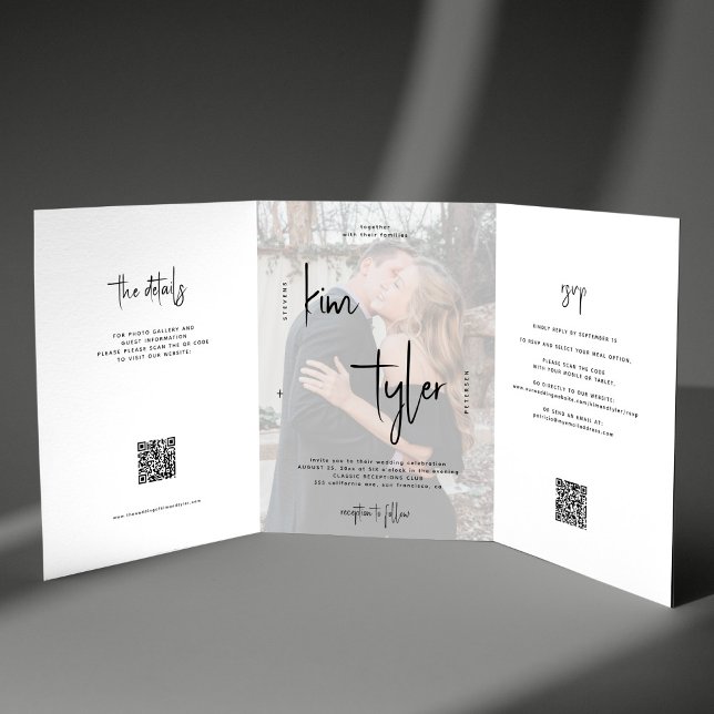 Photo names script wedding RSVP details QR code Tri-Fold Invitation (Creator Uploaded)