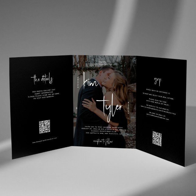 Photo names script wedding RSVP details QR code Tri-Fold Invitation (Creator Uploaded)