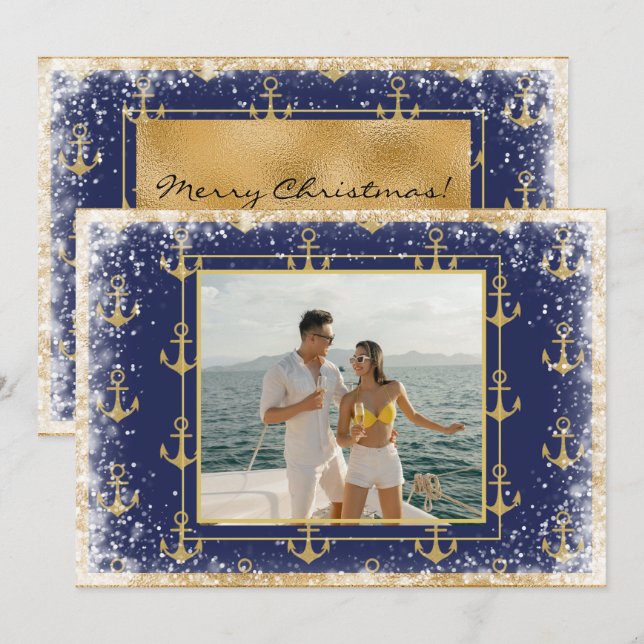 Photo Nautique Gold Blue Noël carte Noël (Devant / Derrière)