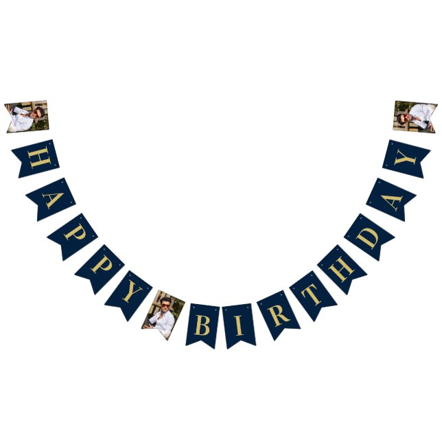 Photo Navy and Gold Art Deco Frame Happy Birthday Bunting Flags (All)