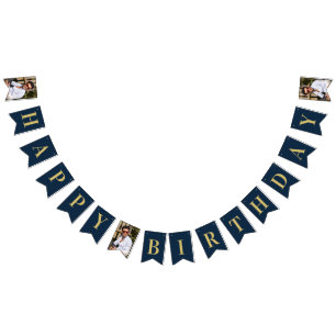 Photo Navy and Gold Art Deco Frame Happy Birthday Bunting Flags