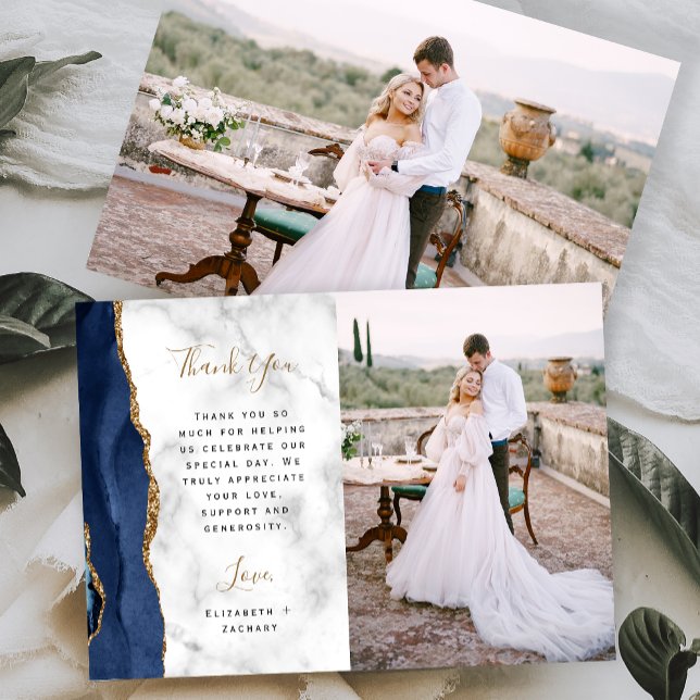 Photo Navy Blue Agate Gold Script Marble Wedding Thank You Card (Creator Uploaded)