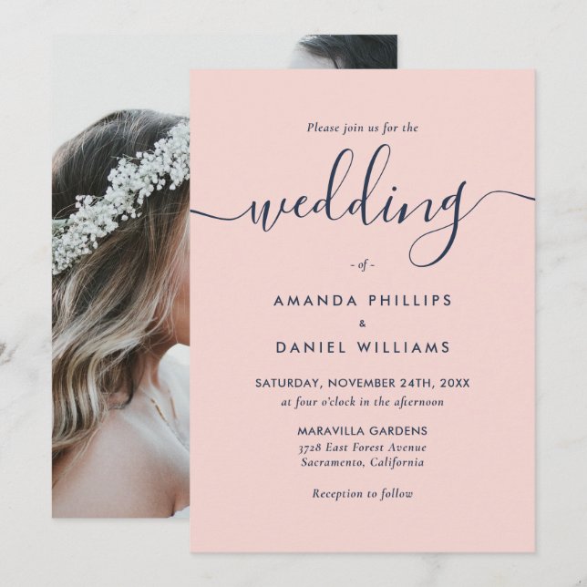 Photo Navy Blue and Blush Modern Script Wedding Invitation (Front/Back)