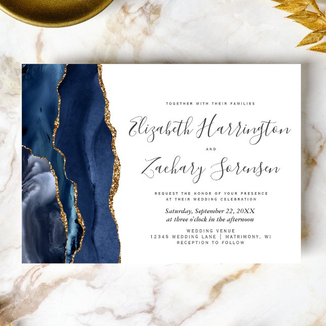 Photo Navy Blue Gold Agate Wedding Invitation (Creator Uploaded)