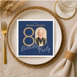 Photo Navy Blue Gold Elegant Custom 80th Birthday  Napkin