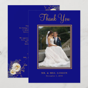 Photo Navy Blue Gold Script Wedding Thank You Card
