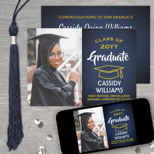 Photo Navy Blue Gold Yellow Modern Graduation Invitation