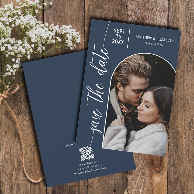 Photo Navy Blue QR Code Wedding Save The Date (Creator Uploaded)