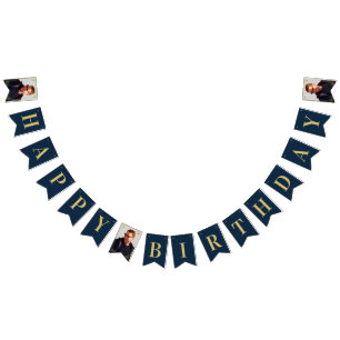 Photo Navy Gold Art Deco Frame Happy Birthday Bunting Flags
