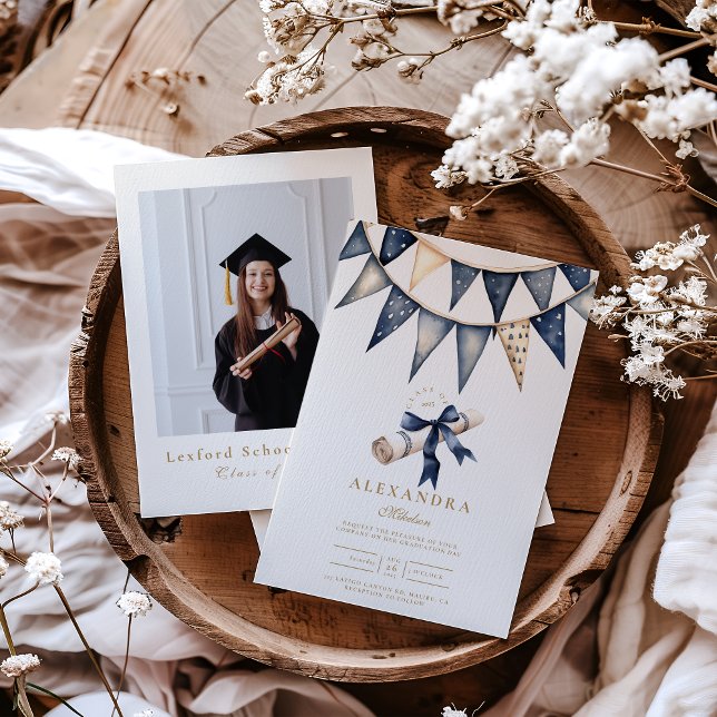 Photo Navy Gold Floral Graduation  Invitation (Creator Uploaded)