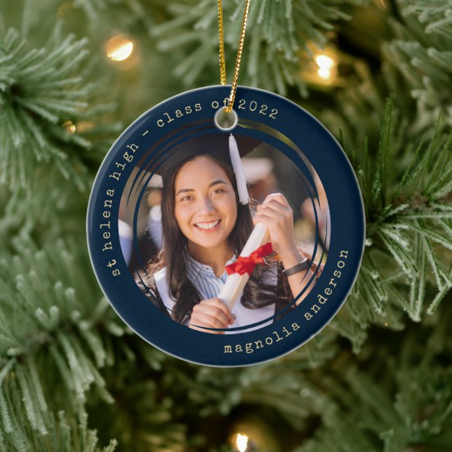 Photo Navy Gold School College Graduation Ceramic Ornament (Tree)