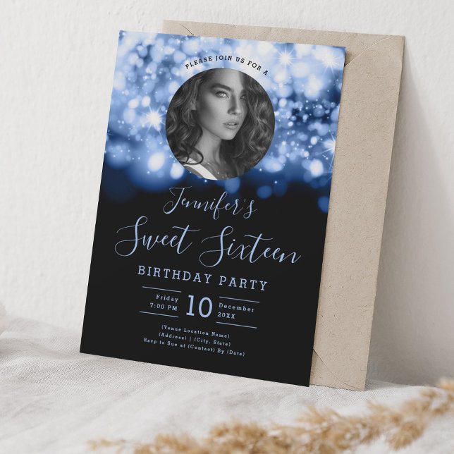 PHOTO Navy Hollywood Lights Sweet 16 Party Invitation (PHOTO Navy Hollywood Lights Sweet 16 Party Invitation)