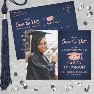 Photo Navy Pink Rose Gold Graduation Save the Date Postcard