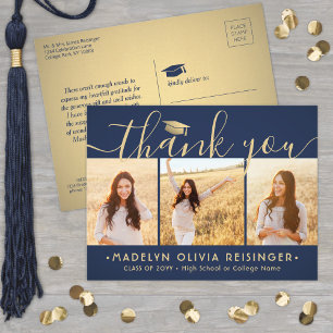 Photo New Address Navy & Gold Graduation Thank You Postcard