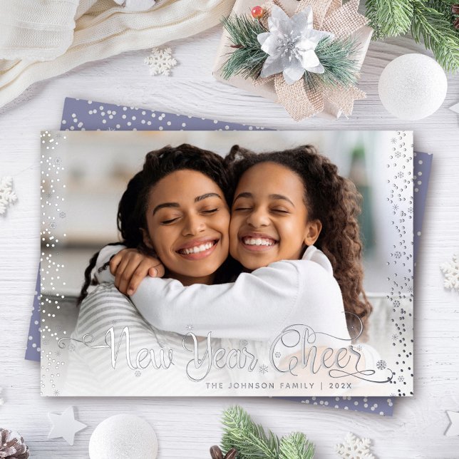 Photo New Year Cheer Script Confetti Real Silver Foil Holiday Card (Creator Uploaded)