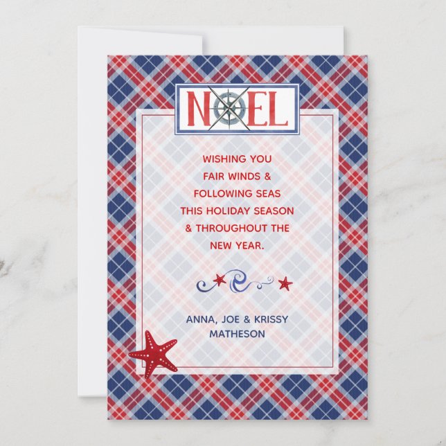 Photo NOEL #Nautical Fair Winds Red & Blue #Plaid Holiday Card (Front)