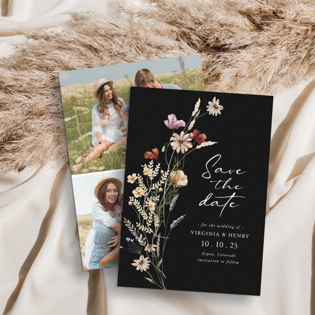 Photo noir Boho Enregistrer la carte d'appartement (Black Wildflowers Photo Boho Save The Date Flat Card by Painted Paperie
)