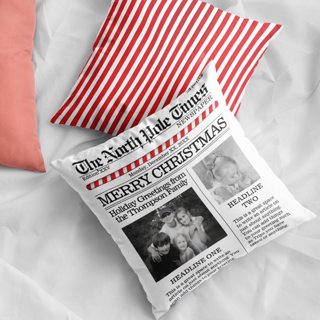Photo North Pole Newspaper Christmas Trendy Throw Pillow (Christmas cute whimsical newspaper print photo throw pillow.)