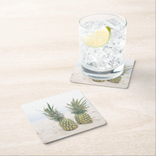 Photo of 2 Pineapples on a Beach Square Paper Coaster