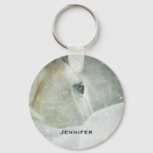 Photo of a Beautiful White Horse in Winter Keychain